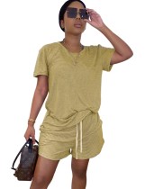 Summer Two Piece Plain Shirt and Shorts Leisure Suit