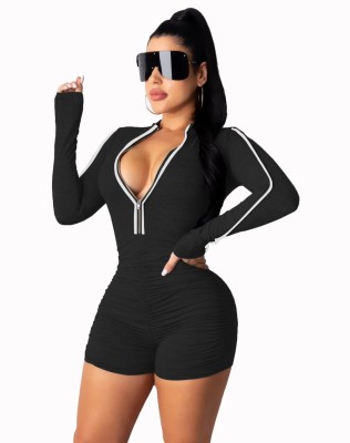 Sexy Solid Plain Long Sleeves Zipper Ruched Rompers