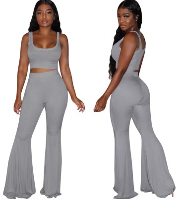 Matching Plain Sexy Crop Top and Bell Bottom Pants Set