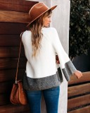 White and Grey Contrast Pullover Loose Sweater with Wide Sleeves