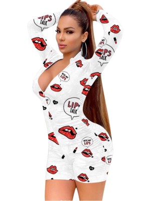 Lips Print Long Sleeve Ruched Bodycon Rompers