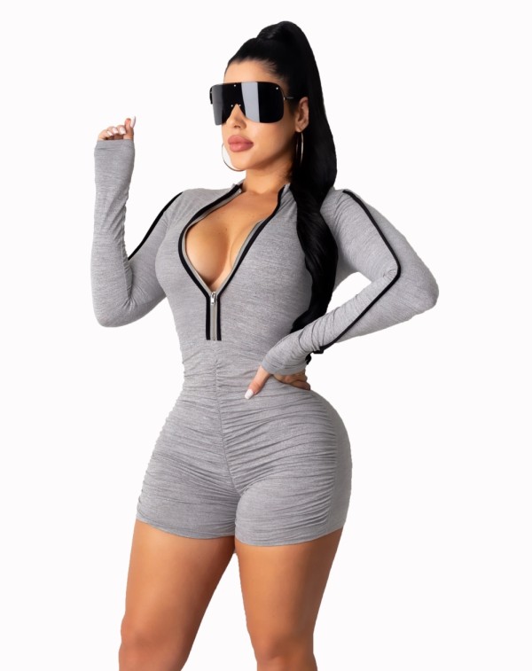 Sexy Solid Plain Long Sleeves Zipper Ruched Rompers