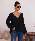 Autumn Solid Plain Flare Shirt with Pop Sleeves