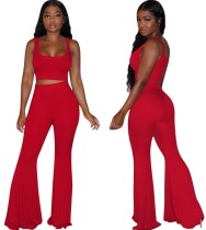 Matching Plain Sexy Crop Top and Bell Bottom Pants Set