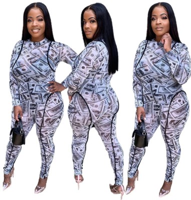 Dollar Print Sexy Long Sleeve Bodycon Jumpsuit