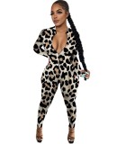 Sexy Leopard Zipper Bodycon Jumpsuit with Full Sleeves