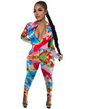 Sexy Colorful Zipper Bodycon Jumpsuit with Full Sleeves