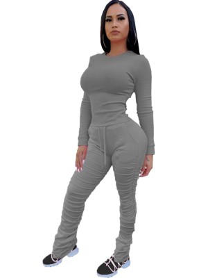 Autumn Solid Plain Shhirt and Stacked Pants Set
