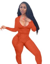 Autumn Solid Long Sleeve Bodycon Jumpsuit with Belt