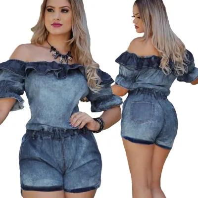 Off the Shoulder Ruffles Blue Denim Rompers