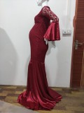 Pregenant Lace Upper Long Sleeve Mermaid Wedding Dress