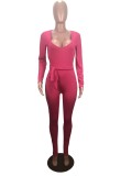 Autumn Solid Long Sleeve Bodycon Jumpsuit with Belt