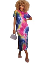 Summer Tie Dye Side Slit Long Shirt Dress