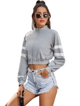 Autumn Grey Zipper Crop Top with Striped Sleeves
