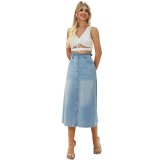 Western High Waist A-Line Denim Long Skirt
