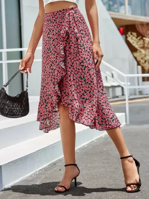 Summer High Waist Floral Wrapped Long Skirt