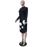 Autumn Polka Print Black Long Blouse Dress with Full Sleeves