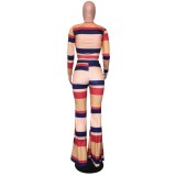 Autumn Colorful Striped Matching Crop Top and Pants Set