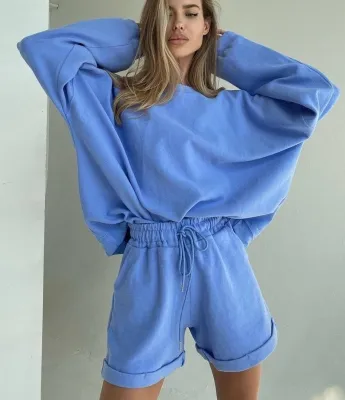 Autumn 2PC Matching Plain Shirt and Shorts Lounge Wear
