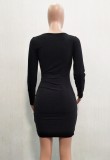 Solid Color O-Neck Long Sleeve Wrapped Mini Dress