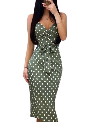 Elegant Polke Green Sleeveless Wrapped Midi Dress