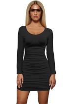 Solid Color O-Neck Long Sleeve Ruched Mini Dress