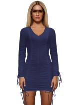 Solid Color V-Neck Long Sleeve Ruched Mini Dress