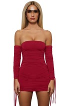 Solid Color Strapless Ruched Mini Dress with Sleeves