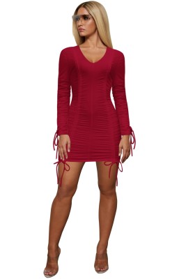 Solid Color V-Neck Long Sleeve Ruched Mini Dress