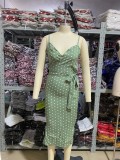 Elegant Polke Green Sleeveless Wrapped Midi Dress