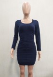 Solid Color O-Neck Long Sleeve Ruched Mini Dress