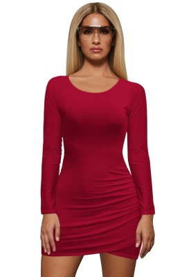 Solid Color O-Neck Long Sleeve Wrapped Mini Dress