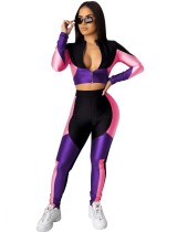 Sports Fitted Contrast Zipper Crop Top and High Waist Legging Set