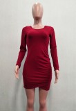 Solid Color O-Neck Long Sleeve Wrapped Mini Dress