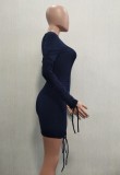 Solid Color V-Neck Long Sleeve Ruched Mini Dress