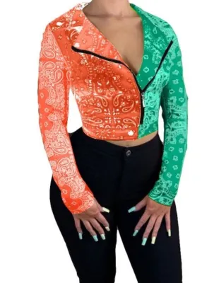 Autumn Print Contrast Long Sleeves Zipper Short Jacket