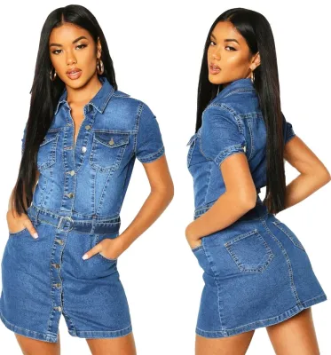 Button Up Blue Denim Dress with Belt