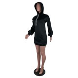 Long Sleeve Solid Color Blank Hoody Dress with Front Pocket