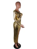 Gold One Shoulder Metallic Slit Long Party Dress