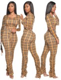 Autumn 2PC Matching Plaid Crop Top and Stacked Pants Set