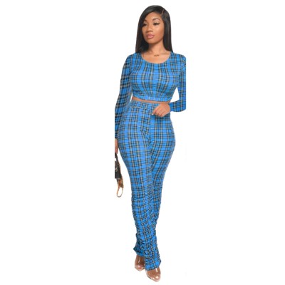 Autumn 2PC Matching Plaid Crop Top and Stacked Pants Set
