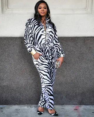 Autumn Zebra Print Long Sleeve Zipper Jumpsuit