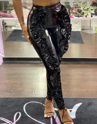 Sexy Black Leather High Waist Ruffle Pants