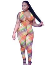 Sexy Lace Up Colorful Plaid Bodycon Jumpsuit