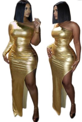 Gold One Shoulder Metallic Slit Long Party Dress