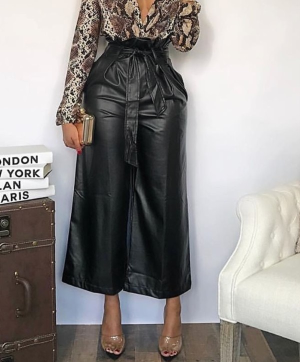 Black Leather High Waist Wide Leg Trousers without the Belt