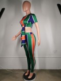 Wide Striped Colorful Knot Crop Top and Matching Pants Set