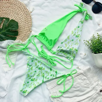 2PC Contrast Print Strings Halter Swimwear