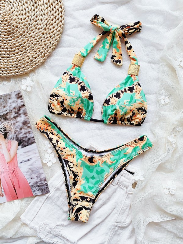 2PC Retro Print Halter Swimwear