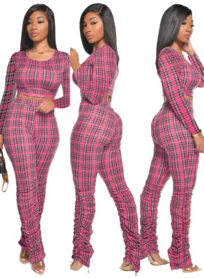 Autumn 2PC Matching Plaid Crop Top and Stacked Pants Set
